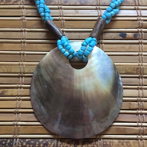 Turquoise Blue Tribal Wood Natural Shell Necklace Hippie Boho - Picture 4 of 7